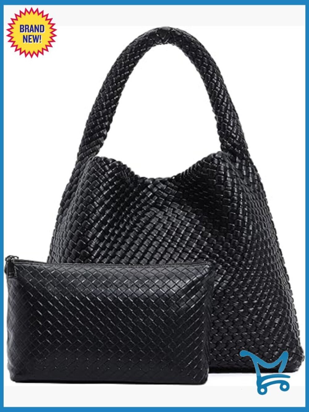 Large Woven Vegan Leather Tote Bag with Zippered Pouch, Magnetic Closure